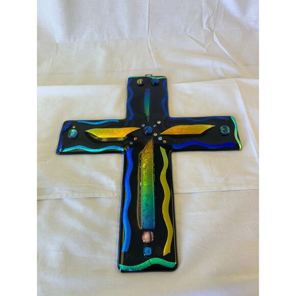 Handmade Stained Glass Cross Wall Decor With Vibrant Colors & Abstract Design - Picture 1 of 2
